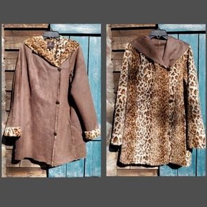 Reversible Faux Fur Hooded Leopard Faux Suede Coat Womens Size M